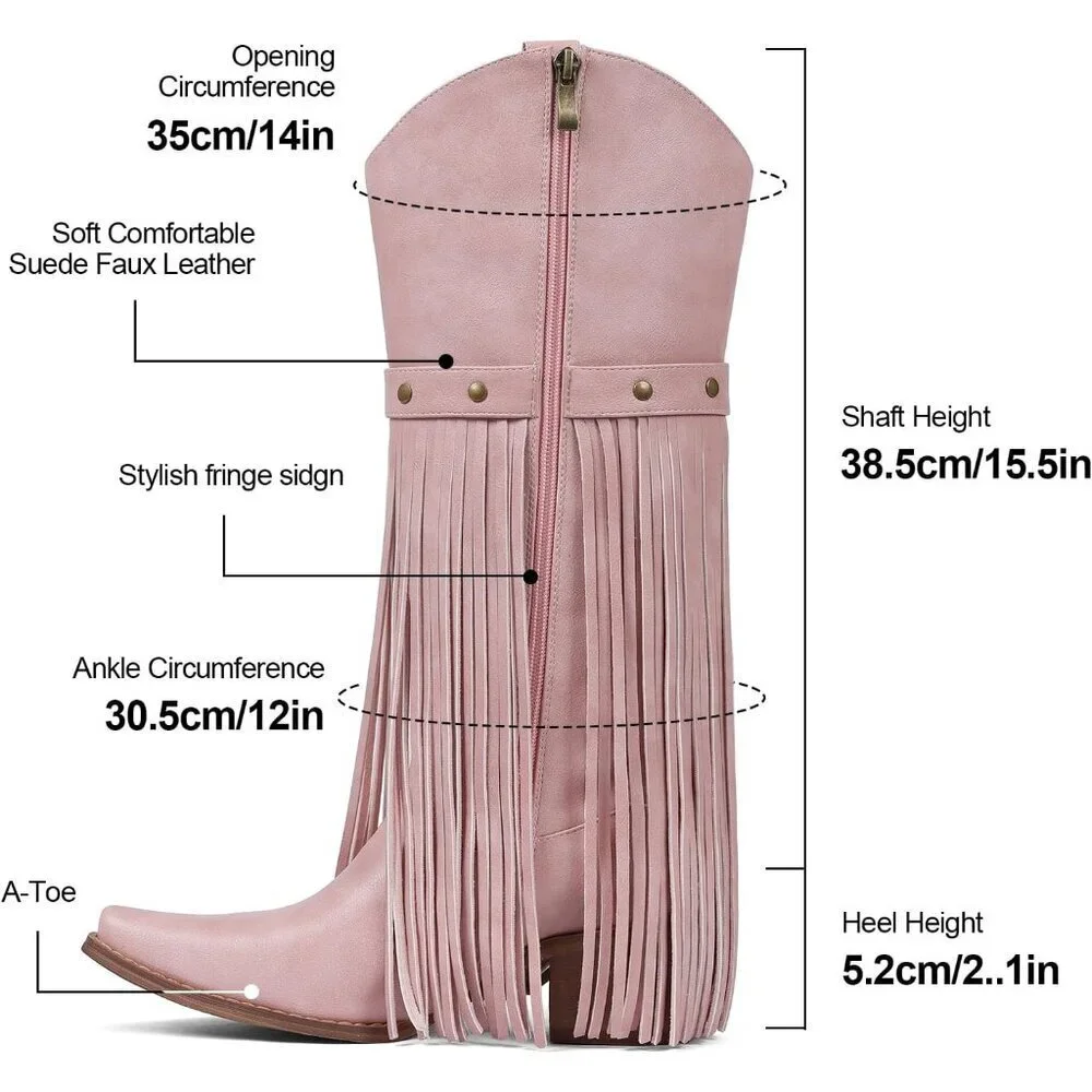 Women's Pink Retro Square Toe Cowgirl Side Zipper Blocked Chunky Heel Boots
